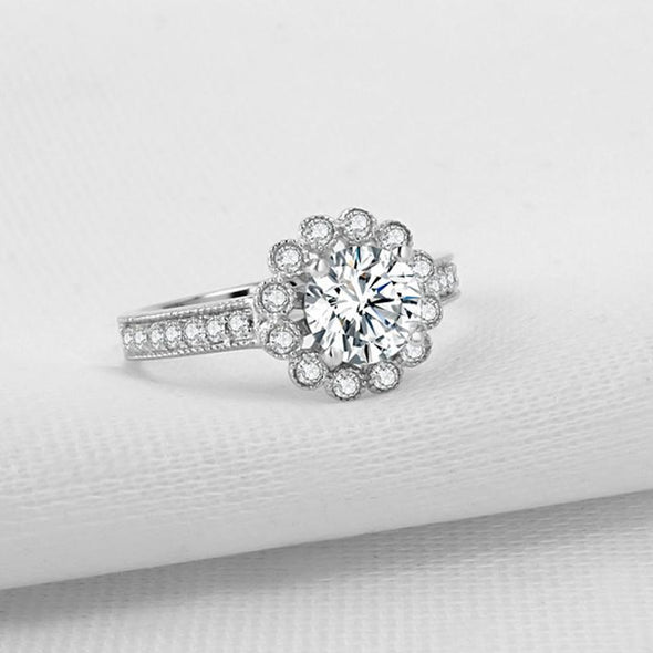 Round Cut Flower Ring with Accents - jolics