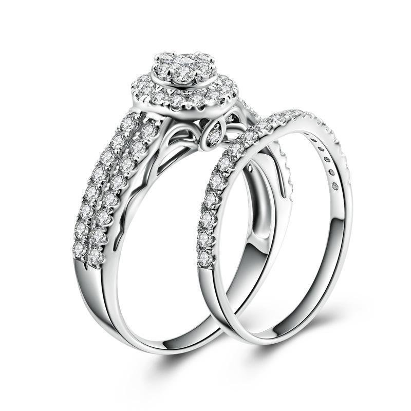 Round Halo Double Row Split Silver Wedding Set - jolics