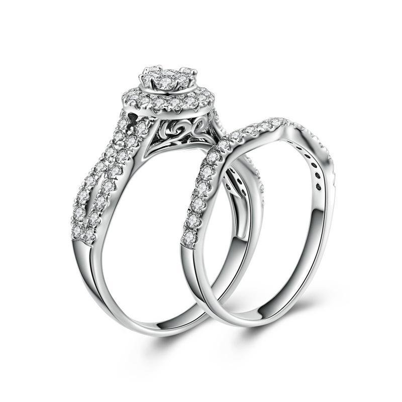 Round Halo Split Curved Silver Wedding Set - jolics