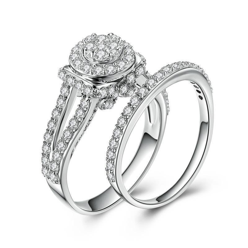 Round Halo Split Silver Wedding Set - jolics