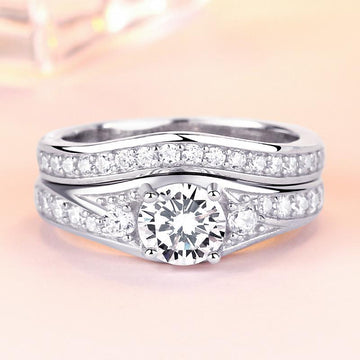 Three Stone Created White Sapphire 925 Sterling Silver Wedding Ring Set - jolics