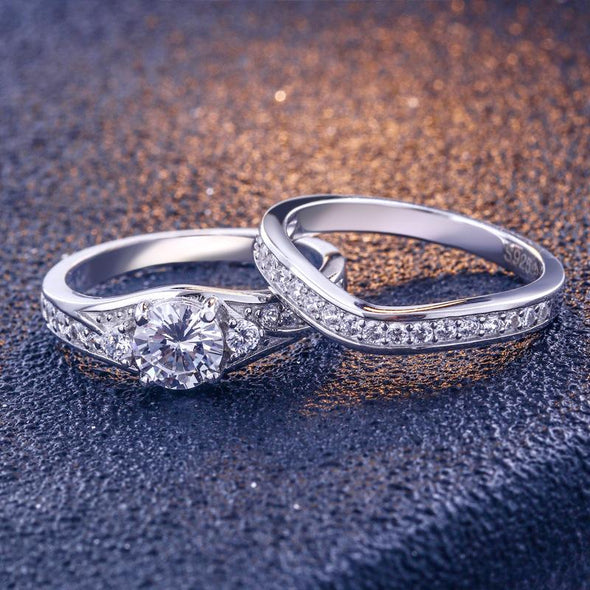 Three Stone Created White Sapphire 925 Sterling Silver Wedding Ring Set - jolics