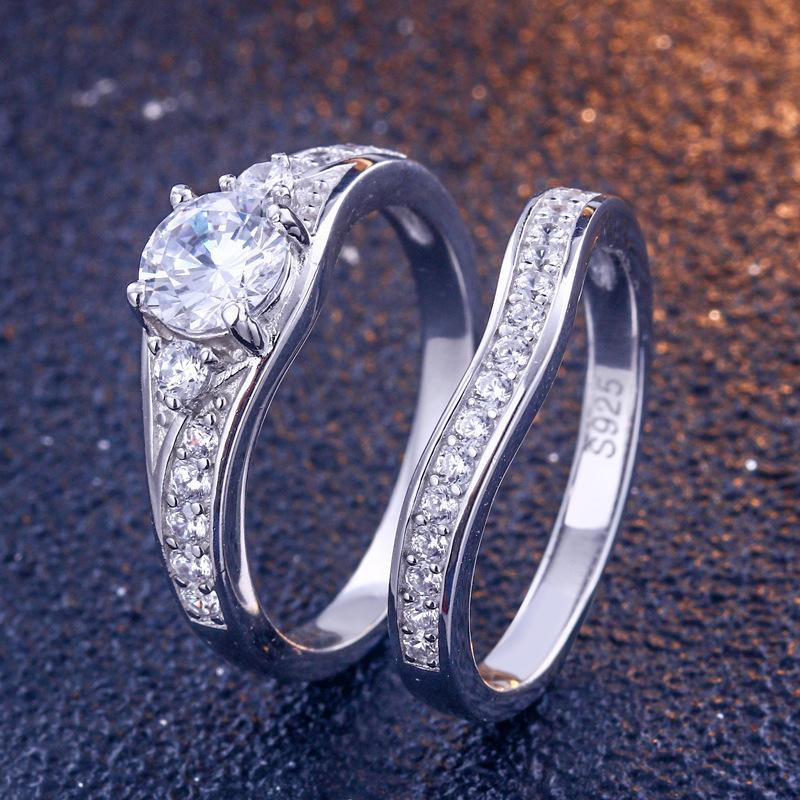 Three Stone Created White Sapphire 925 Sterling Silver Wedding Ring Set - jolics